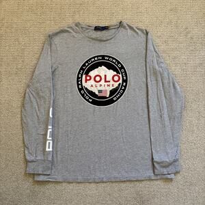 Polo Ralph Lauren T Shirt Men Sz Large Gray World Cup Alpine Racing Long Sleeve